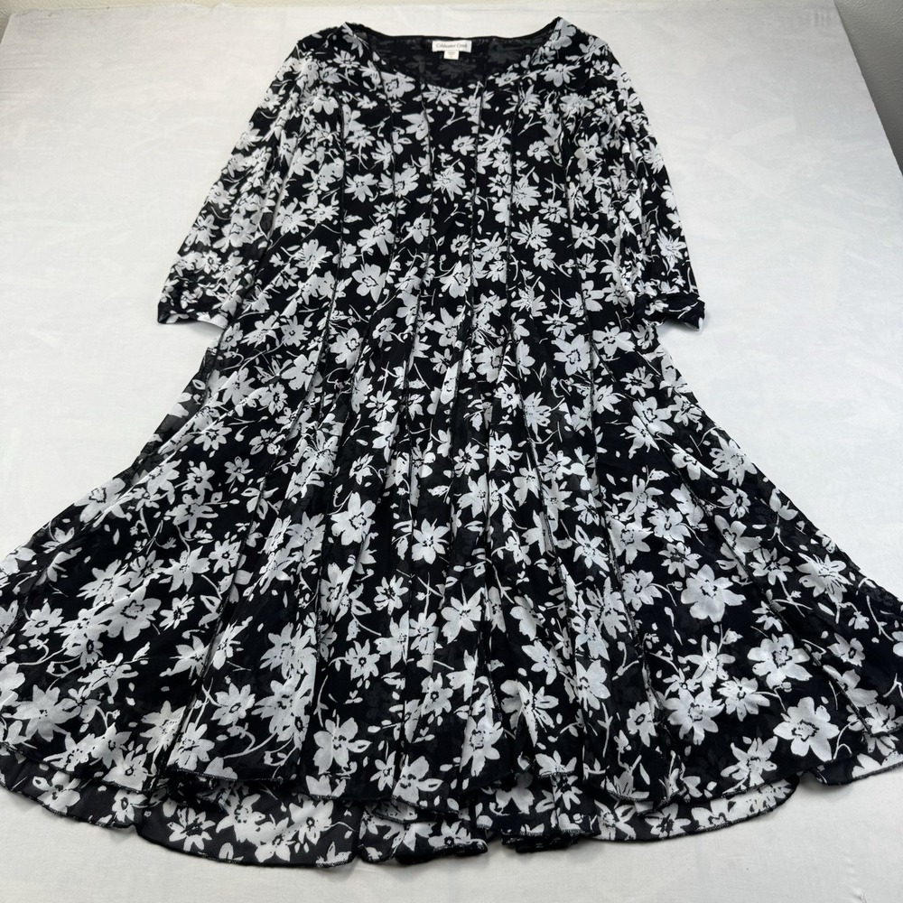 Coldwater Creek 14 Black White Floral Mesh 3/4 Sleeve Fit Flare Dress
